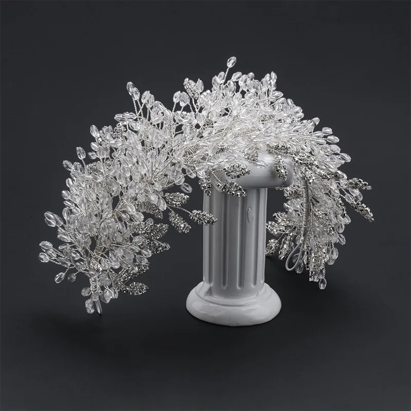 Baroque Handmade Clear Crystal Beads Bridal Hairbands Flower Tiaras Crown Rhinestone Diadem Headpieces Wedding Hair Accessories 250603