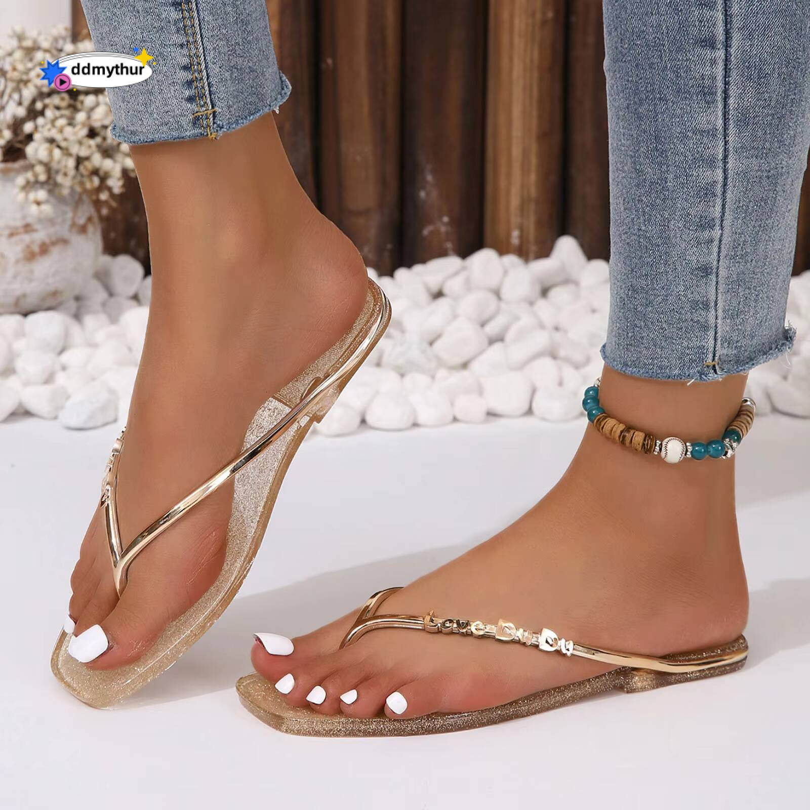Formal For Ladies Summer Casual Transparent Fine Flash Square Clip Toe Outside Wear Beach Woven Sandals Women ddmythur