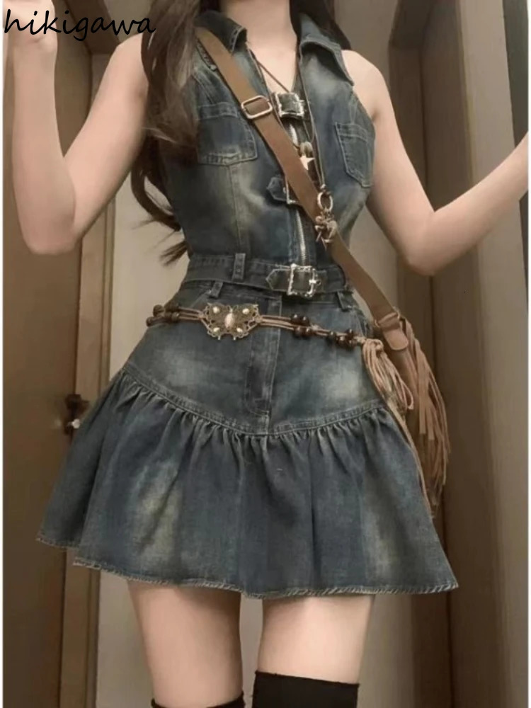 Fashion Two Piece Sets Women Clothing Sleeveless Zipper Y2k Tops High Waist A-line Mini Skirt Outfits Casual Summer Denim Set 250614