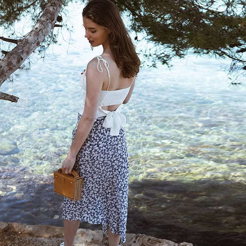 Dress Designer Dresses for Woman Designer Women Designer Clothing Spring and Autumn New Blue Floral Silk Skirt Casual Irregular Design French Vacation
