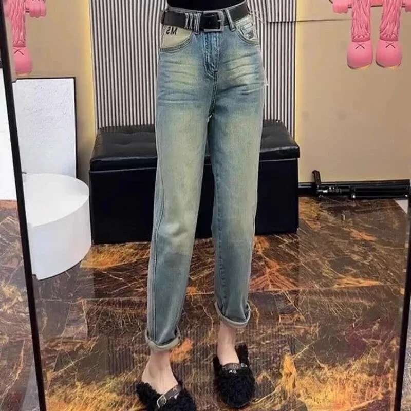 High Waist Shot Womens Pipe Jeans With Pockets and Capris Trousers Teenagers Medium Trend 2025 Cowboy Pants for Woman Shiny R Z