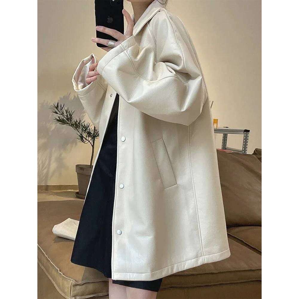 White PU Trench Coat for Women Spring Autumn 2025 Trend Simple Loose Casual Windbreaker Leather Jacket