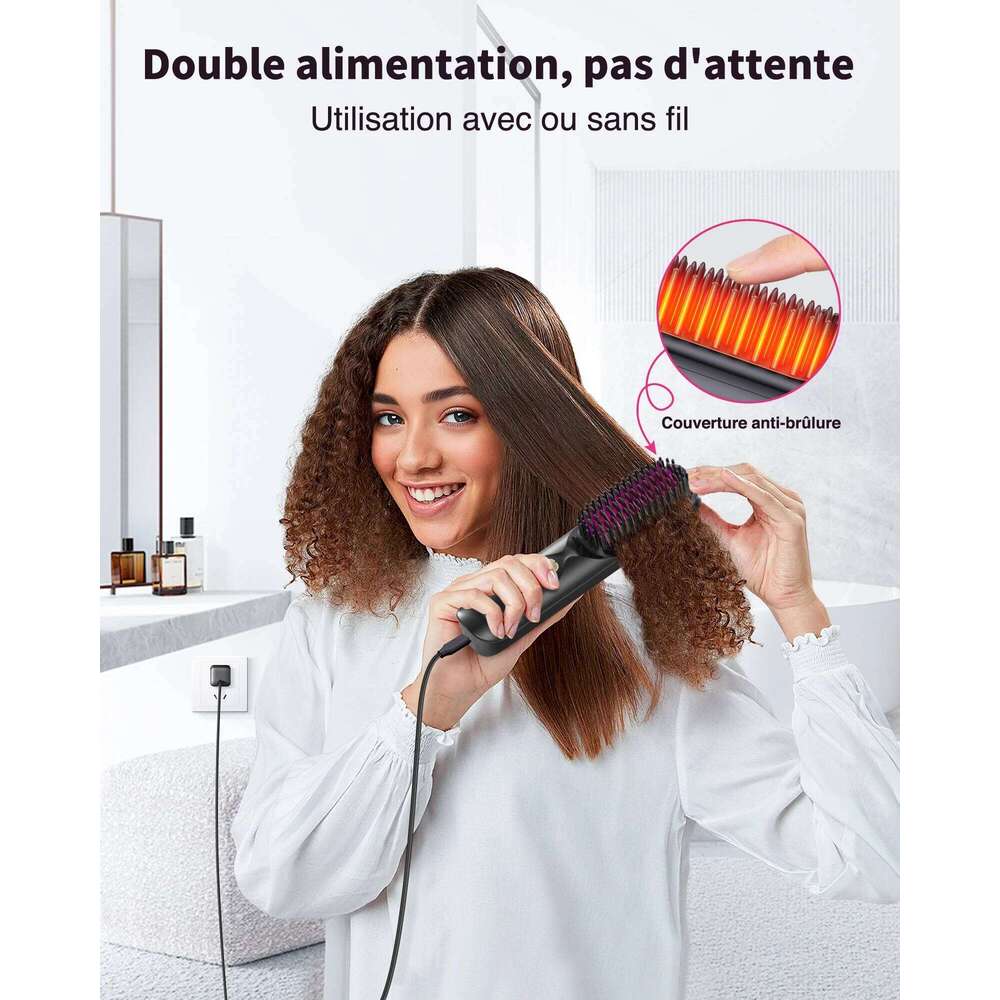 Cordless Hair Straightener Portable Brush 30s Fast Heating 10000mAh Rechargeable 300 Million Negative Ions Straightening Comb