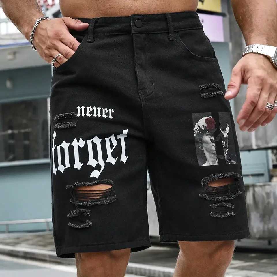 Men Summer Stretchy Denim Shorts Jeans For Men Streetwear Letter Ripped Knee length Baggy Comfort Cargo Casual Shorts Pants Jean Z250617