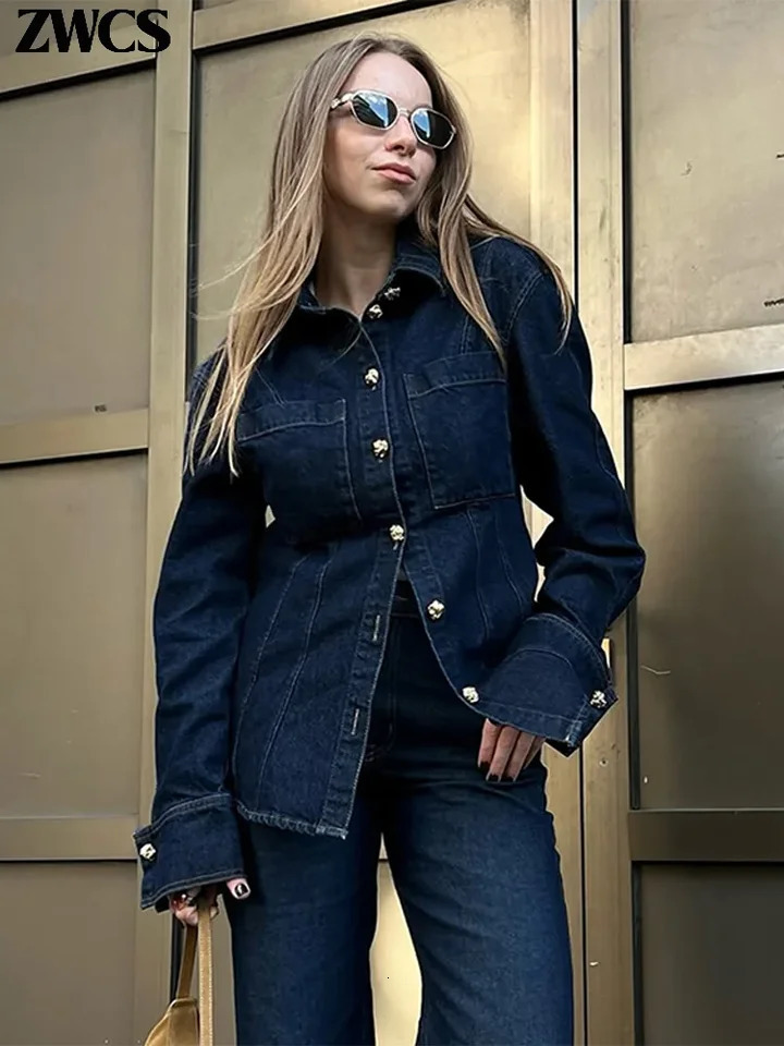 Fashion Denim Jackets Jeans Suit Women Street Lapel Single Breasted Pockets Jacket Loose Denim Pants 2025 Ladies Vintage Set 250616