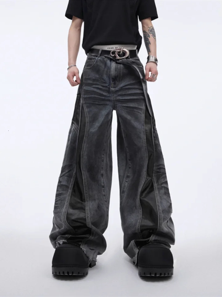 2025 Cyber Y2K Streetwear Black Pu Leather Patchwork Baggy Flare Jeans Pants Men Clothing Washed Black Wide Leg Denim Trousers 250616