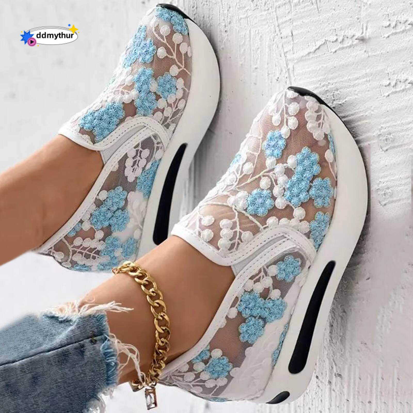 Sneakers Ladies Fashion Breathable Lace Mesh Flower Embroidery Round Head Thick Bottom Women'S Summer Footwear ddmythur