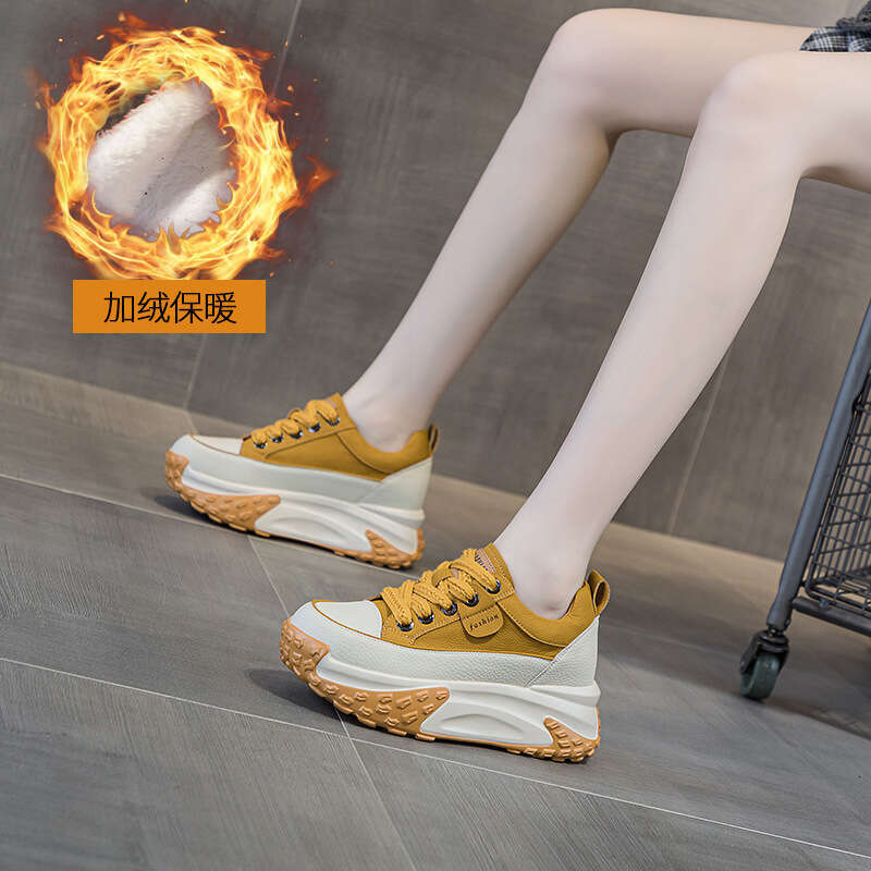 Leather Surface Platform Dad For Women, Autumn 2025 New New Lightweight Hidden Heel Casual Sneakers, Thick Sole Single Shoes