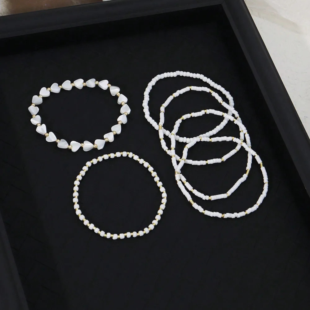 6pcs Set Of Delicate White Bead Heart Shell Handmade Beaded Elastic MultiLayer Bracelets For Valentines gift B082 250613
