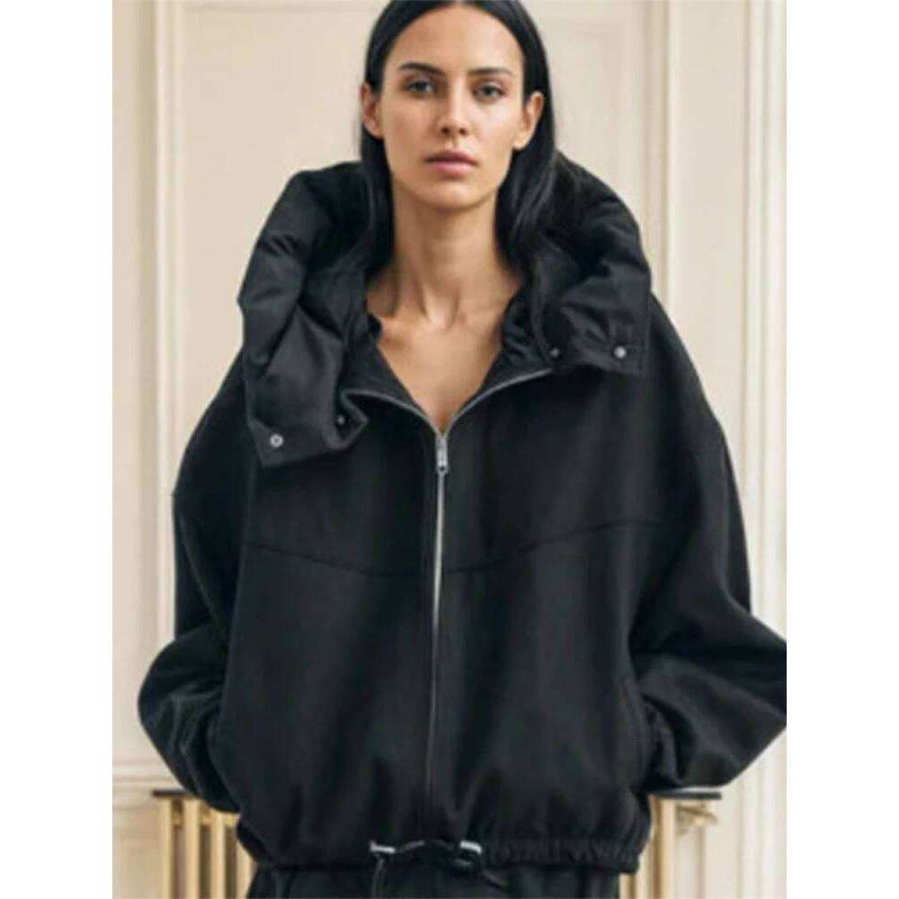 Oversize Hat Woolen Contrast Color Coat Women Zipper Casual Thicken Warm Long Sleeve Jacket 2024 Winter Pocket Street Outwear