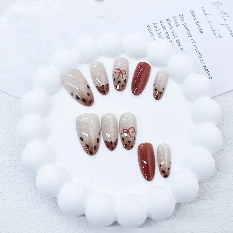 10Pieces Almond Semi-handmade Press on Nails Maillard Style Leopard Bow French Nail Tips for Women Girls Daily Wear Art 250612