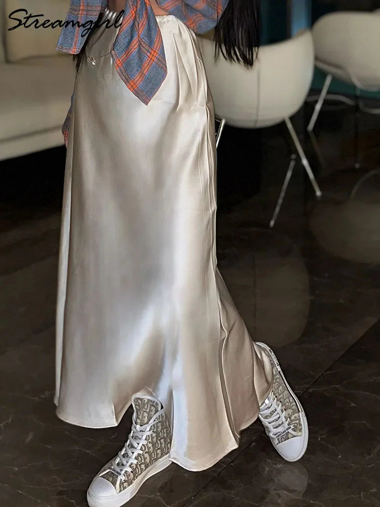 Long Black Satin Skirts For Women 2025 Spring Summer Straight Maxi Green Skirt Elegant Beige Women Satin Silk Skirts Long Brown 250614