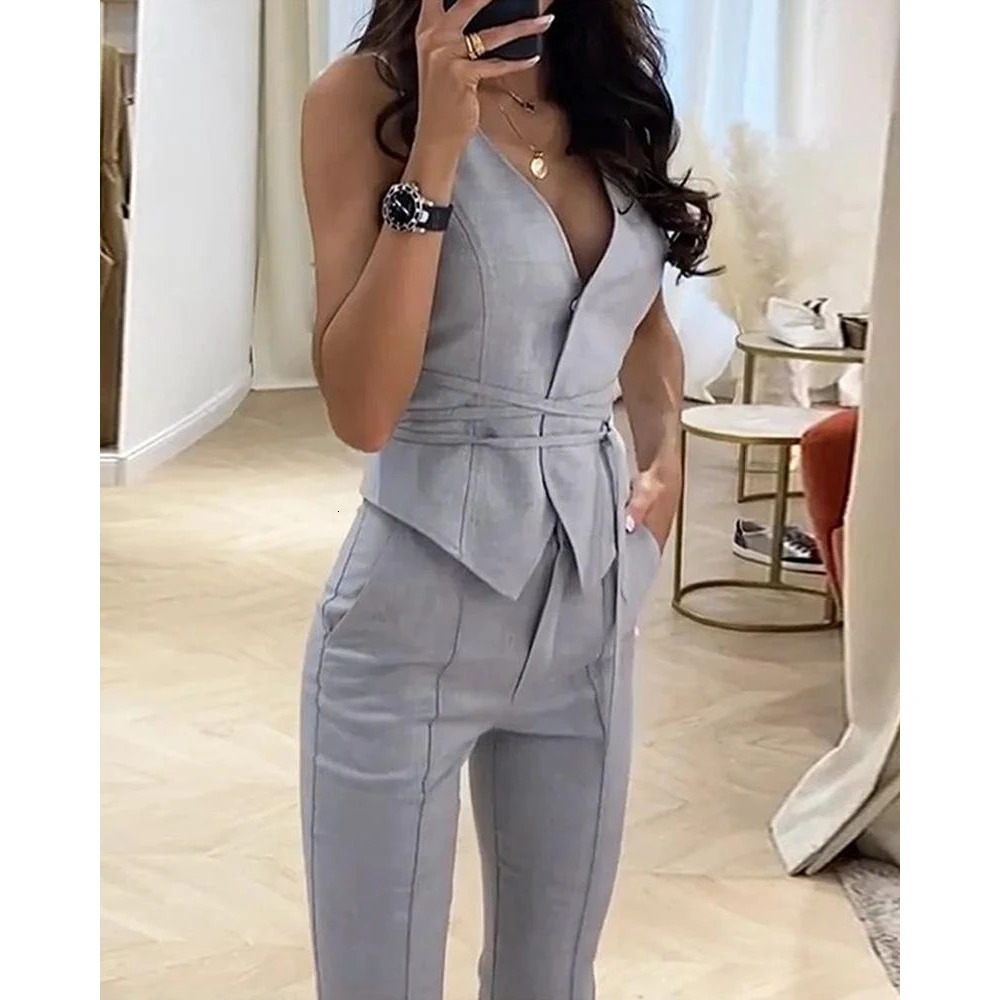 Women Casual Plain Blazer Vest Work Pants Set Formal Sleeveless OL Style 2 Pieces Bussiness Office Lady Suit Sets Workwear 250612
