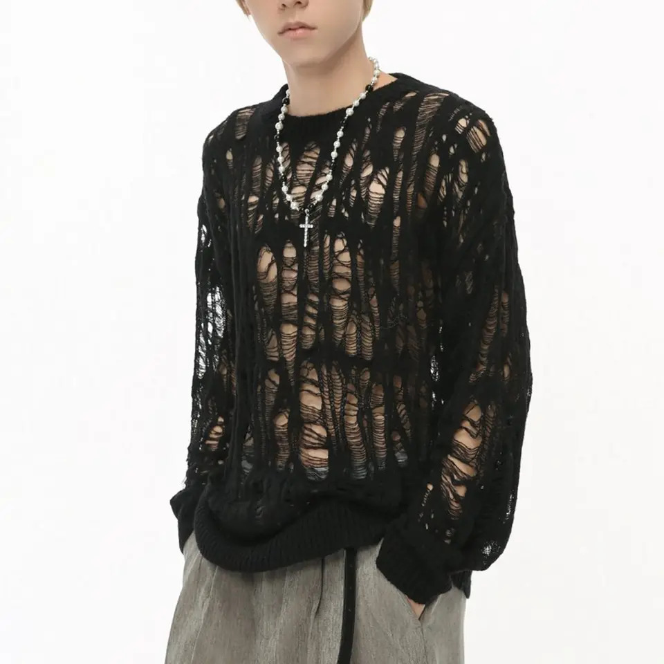 Mens Autumn Hollow Out Hole Long Sleeve Sweater Fashion Retro Knitted Top Sweaters Casual Loose Pullover Tops 250617