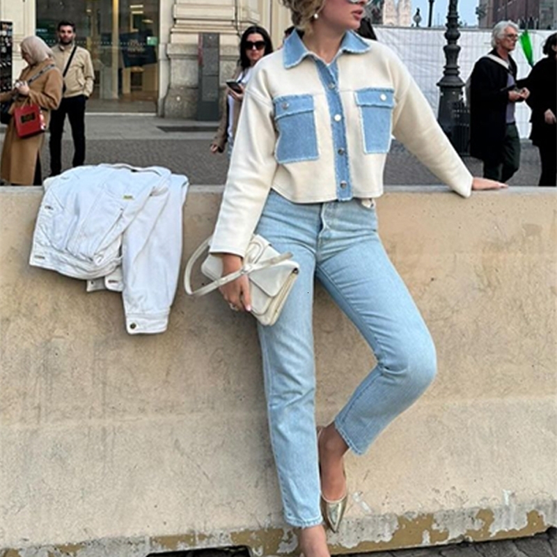Y2k Women Denim Patchwork Jacket Coat Lapel Long Sleeves Jeans with Packets Spring Casual Lady Coats ner Outwear Top 250522
