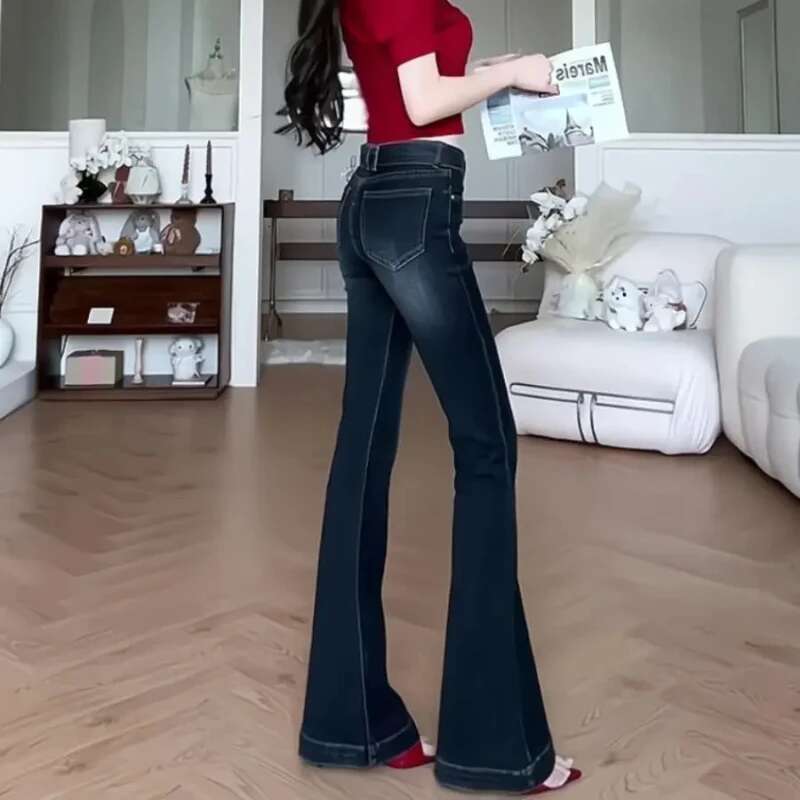 Womens Flared Jeans Solid Color Cowboy Pants for Woman Gyaru Teenagers Clothing Unique Flare Trousers Korean Fashion Stylish R
