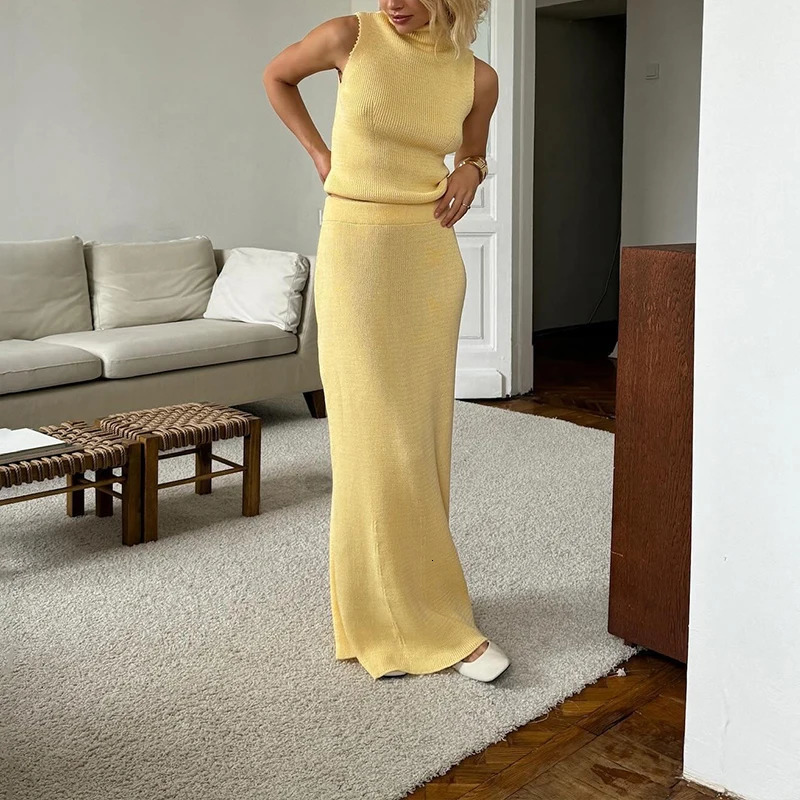 BKLD Casual Sexy Sleeveless Off Shoulder Solid Tank Top And Midi Skirt Knitted Rib Bodycon Fashion Womens Street Style 2pcs Set 250614