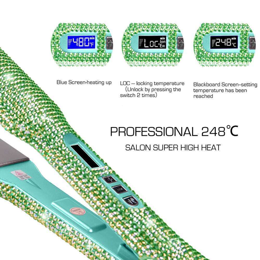 Rhinestone Flat Titanium Straightener Dual Voltage Iron Professional Hair Tools LCD Display 2 Inch Plate Irons