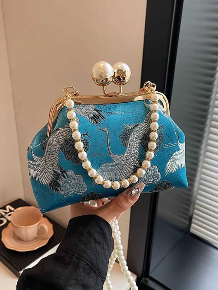 Fashionable And Clip-On Chinese Evening Bag With Contrasting Flower Print Simple Pearl Chain Elegant Crossbody Bag Z250617