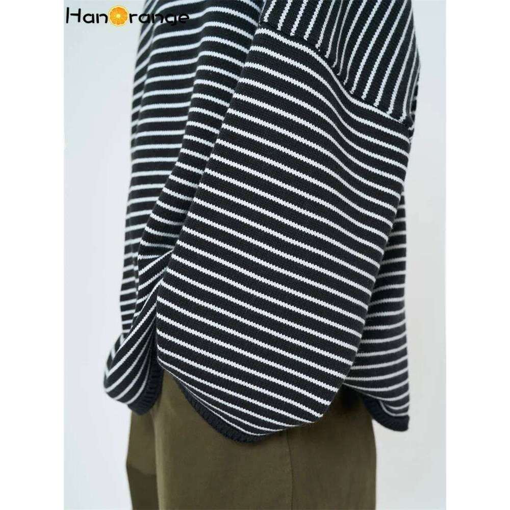 HanOrange 2025 Early Spring Fashion Striped Knitted Sweater Women Comfortable 3D Silhouette Knitting Top Black White/Blue White