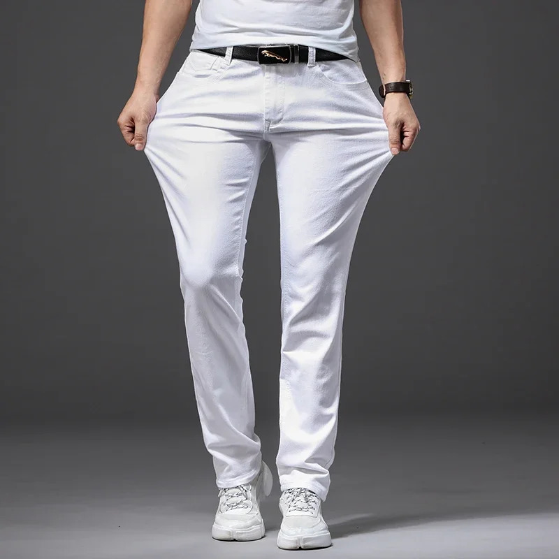 Men Slim White Jeans Elasticity Fashion Casual Classic Soft Business Trousers Male Clothing Stretch Pants 250616
