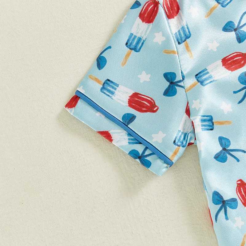 Women s American Flag Print Pajama Set with Bow Detail and Button-Up Shirt Short Sleeves and Elastic Waist Shorts for 250617
