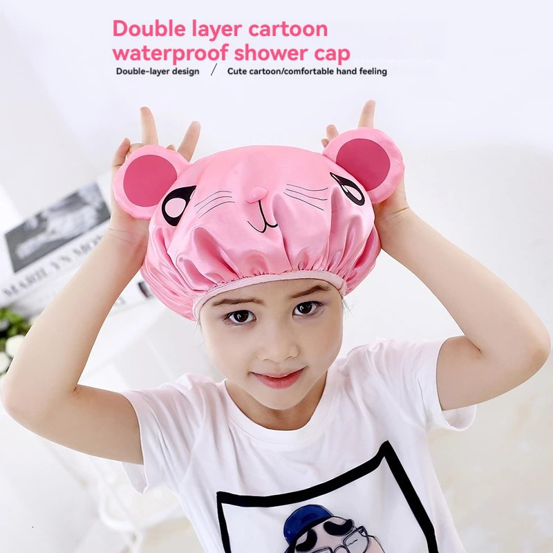 Childrens Double-layer Shower Cap for Girls Thickened Waterproof Bathing Cap Cute Cartoon Baby Shower Hat 250617