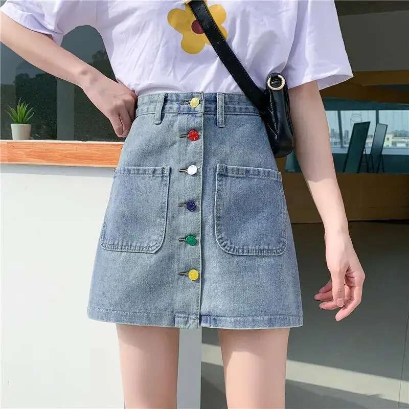 Woman Denim Skirt Short with Pocket Y2k Vintage Korean Fashion Chic and Elegant Clothing Sales High Waist Jeans Skirts for Women