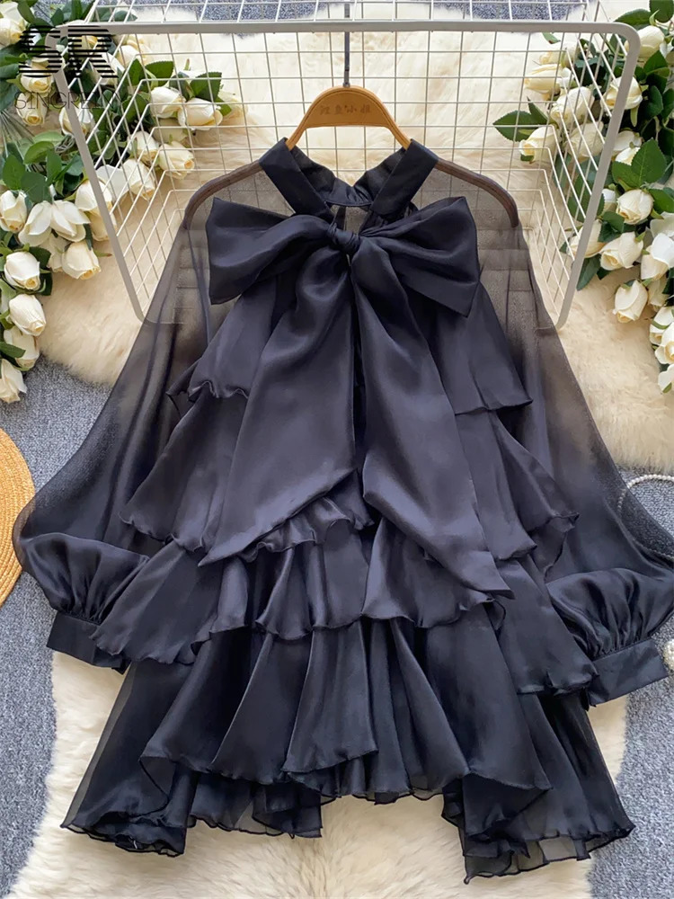 SINGREINY Summer Ruffles Sweet Blouse Women Lantern Sleeves Bow Solid Shirts Female French Party Vintage Chiffon Tops 250617