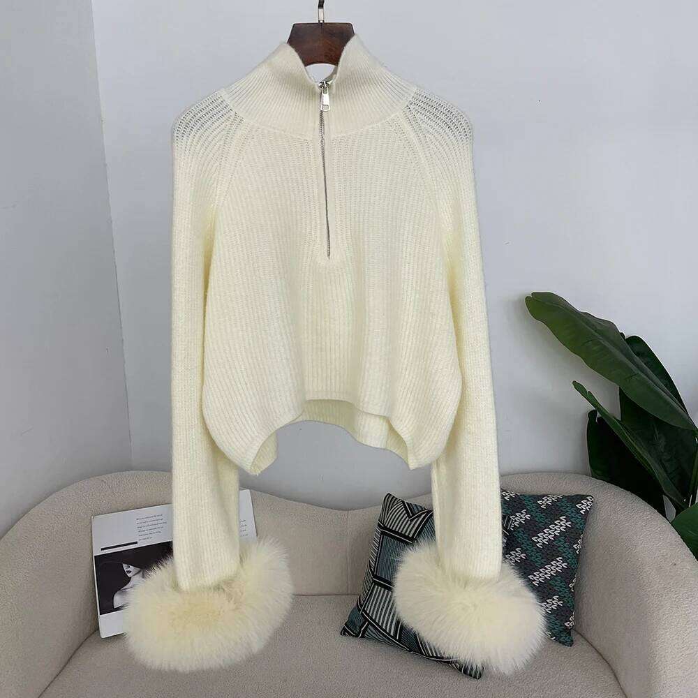 OFTBUY Spring Pullover New Women Zipper Underlay Loose Premium Sweater Female Autumn Knitwear Patchwork Real Fur Coat