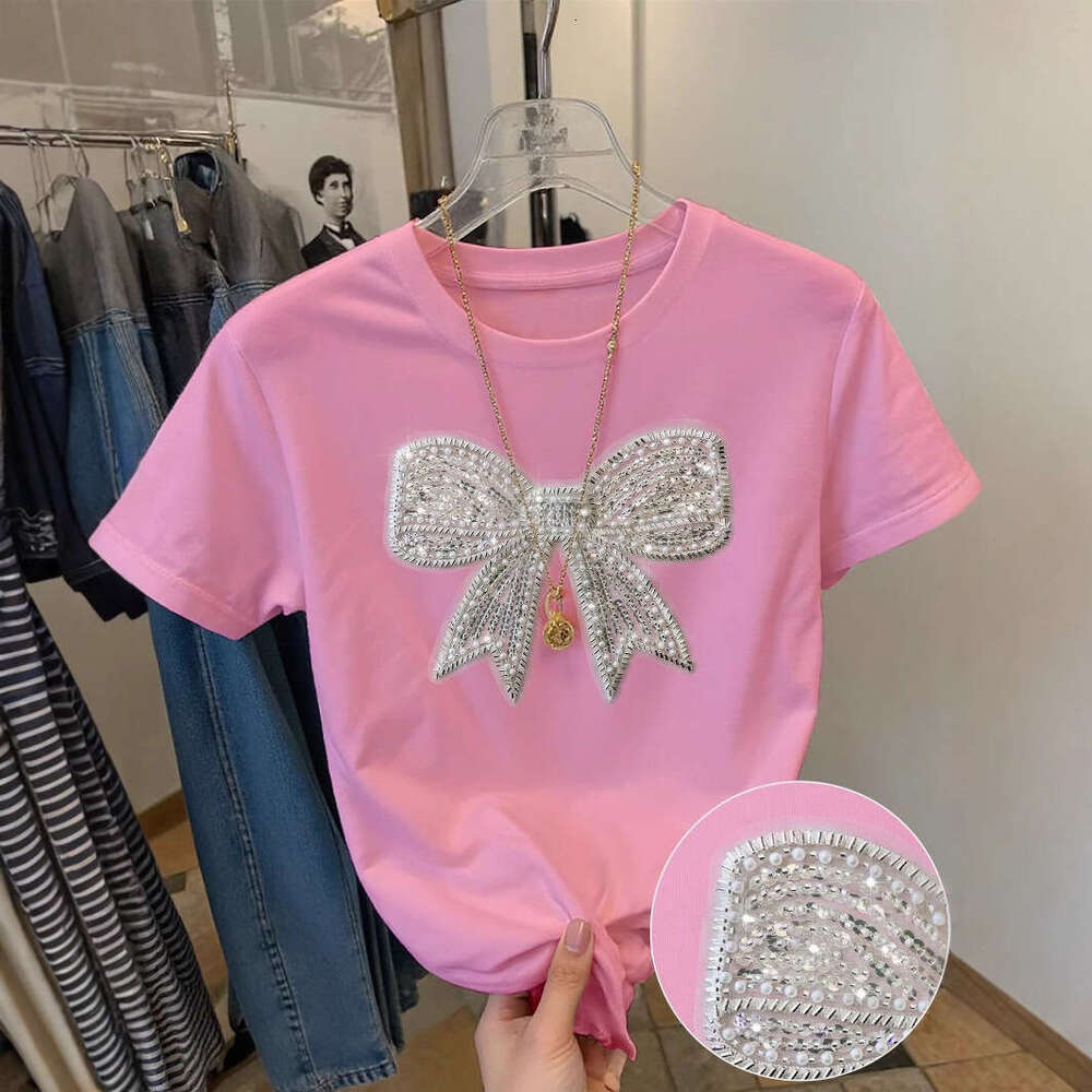 Summer New Women's Fashion Casual Commuter Loose Round Neck Bowknot Print T-Shirt Short B5