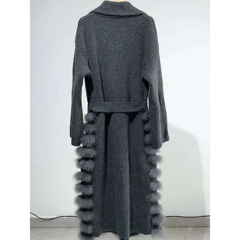 LANMREM Real Fox Fur Casual Loose Knit Sweater With Bandage Women's Cardigan 2024 Winter Warm Clothing 2DB1810