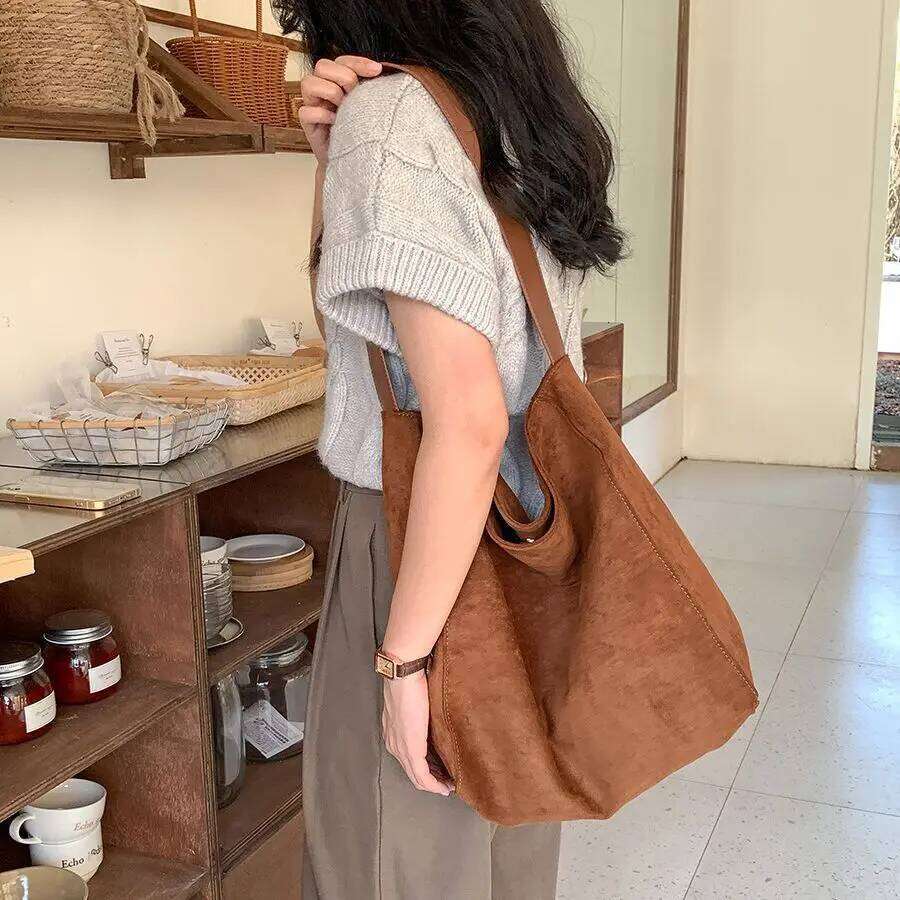 Vintage Faux Suede Women Bucket Shoulder Large Capacity Commuting Female Handbag Casual Big Totes Ladies Hand Bags Green