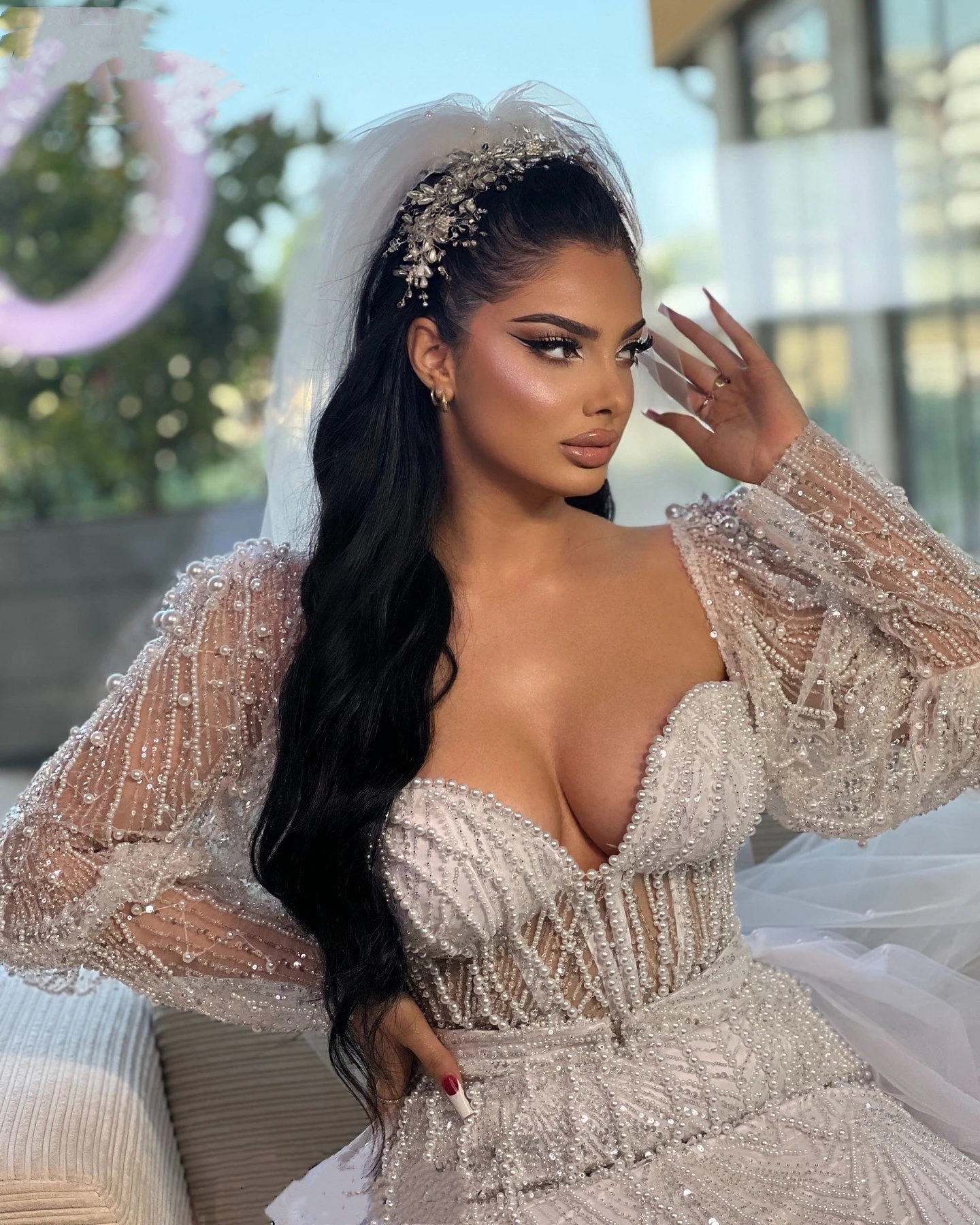 Gracefu Wedding Dresses Pearls Sequins Bridal Gowns with Detachable Train Beading Long Sleeves Mermaid Customized Bride Vestidos De Novia Plus Size