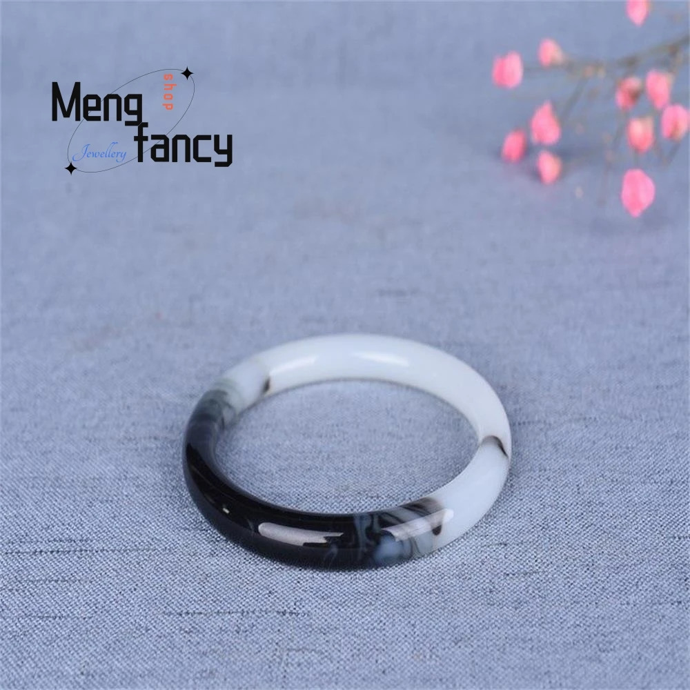 Natural Hetian Jade Bracelet Black White Flowers Charm Fashion Retro Fine Jewelry Elegant Girl Couple Bangle Holiday Gift 250616