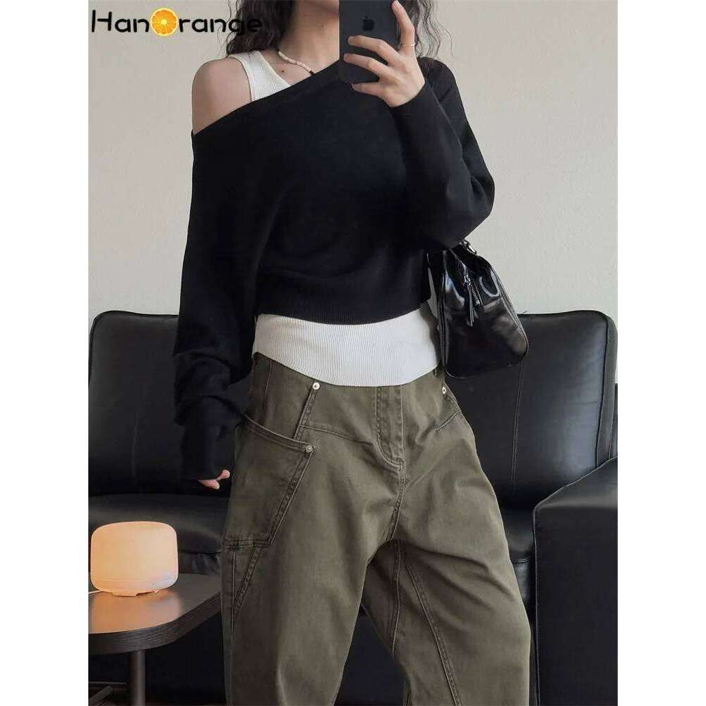HanOrange 2025 Spring Summer Slant Neck Off Shoulder Two Piece Knitted Top Women Soft Sweater Black/Apricot/Gray/Navy Blue