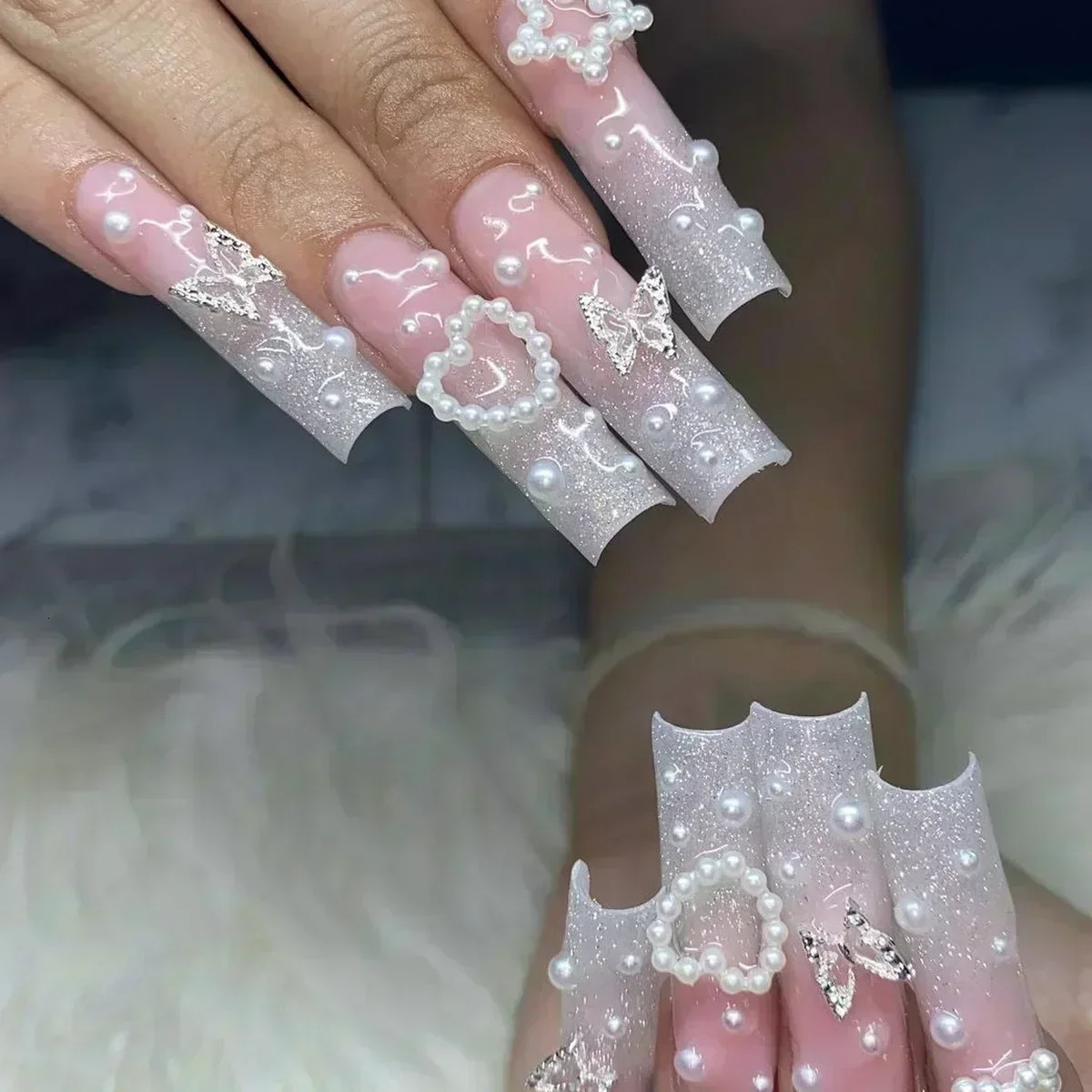24Pcs Long Square Press on Nails Love Pattern n Artifical Coffin False Nail Brown French Wearable Full Cover Fake Nail Tips 250611