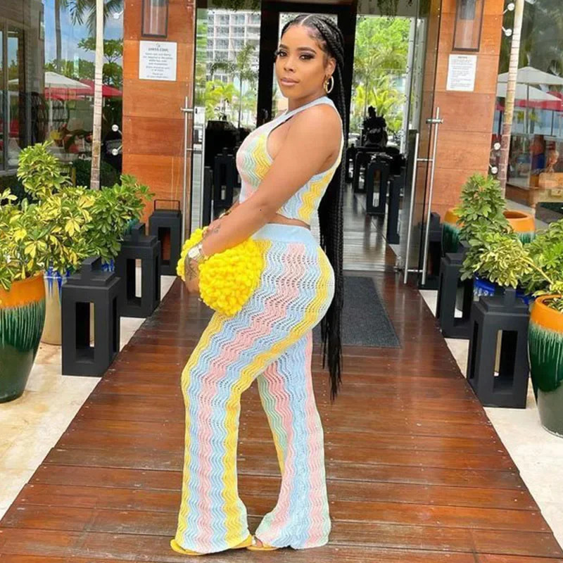 Knitted Striped 2 Piece Sets Women Outfit Summer Beach Vacation Sleeveless Crop Top and Flare Pants Matching Sets Club Party 250616