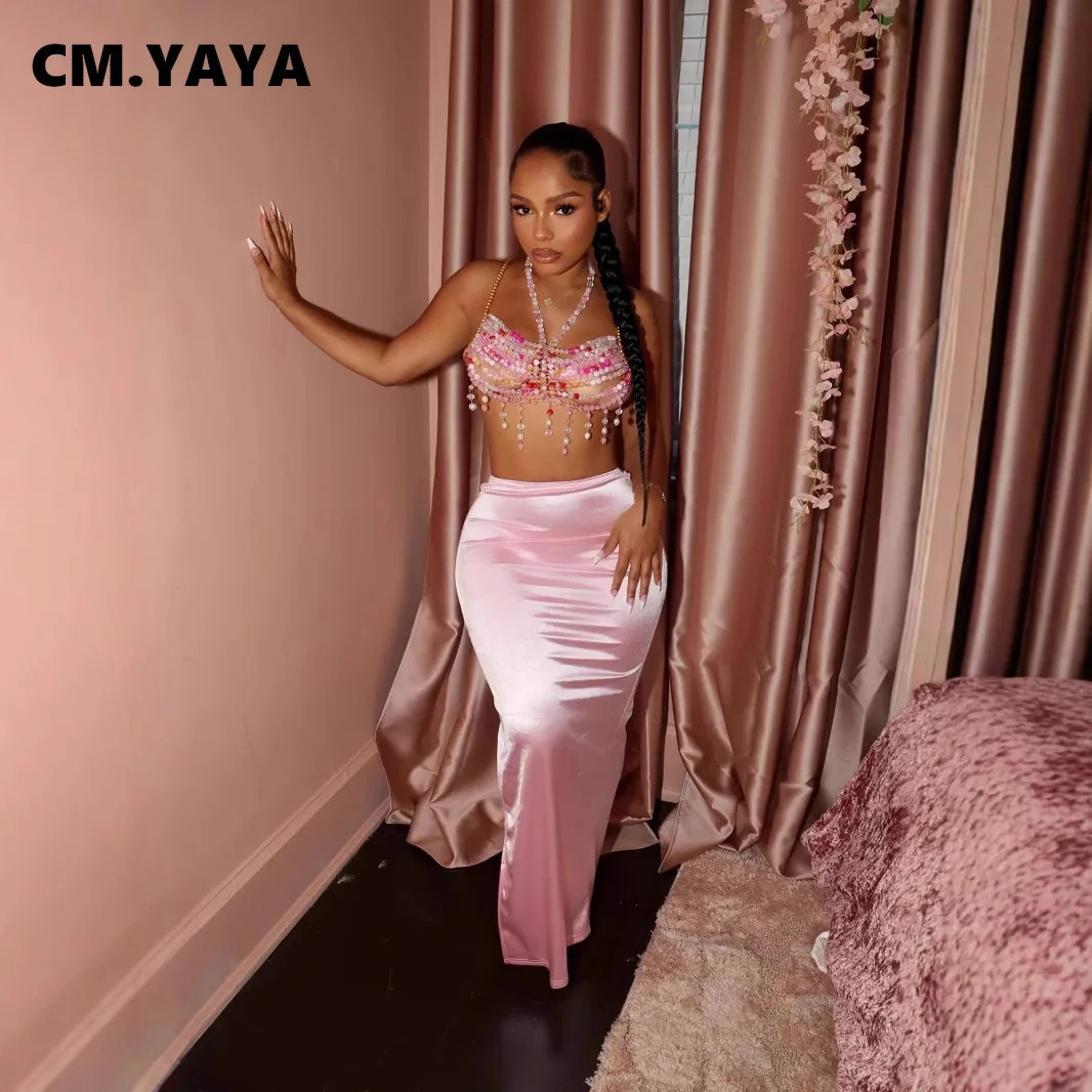 CM.YAYA Vintage Women Satin Bodycon Long Pencil Maxi Long Skirt 2025 Summer Sweet Holiday Beach Street INS Fashion OL Skirts 250614