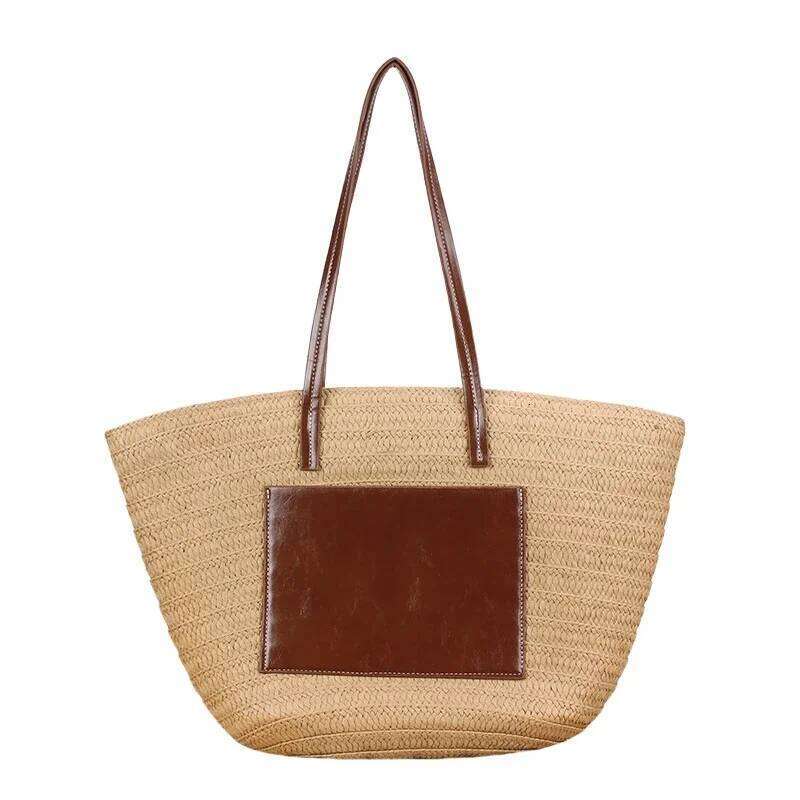 Meet You Large Capacity Zipper Leather Splice Straw Designer Summer Women's Travel Vacation Beach Bag Bohemian Bali
