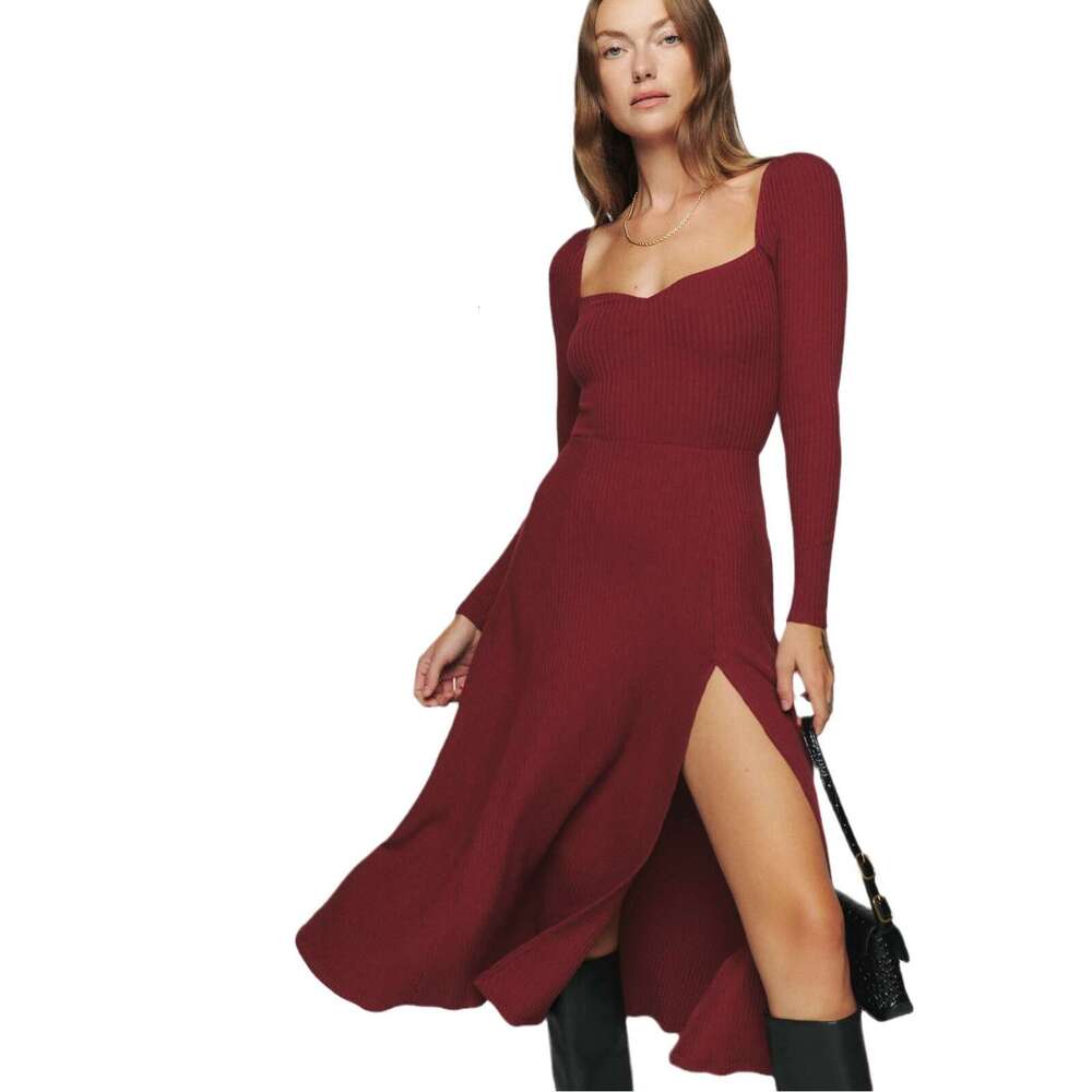 Calf Whitedress Robe N526 Spring Summer 2025 Solid Color Square Neck Long Sleeve Mid-length Split Sexy Knitted Dress Womens Fashion