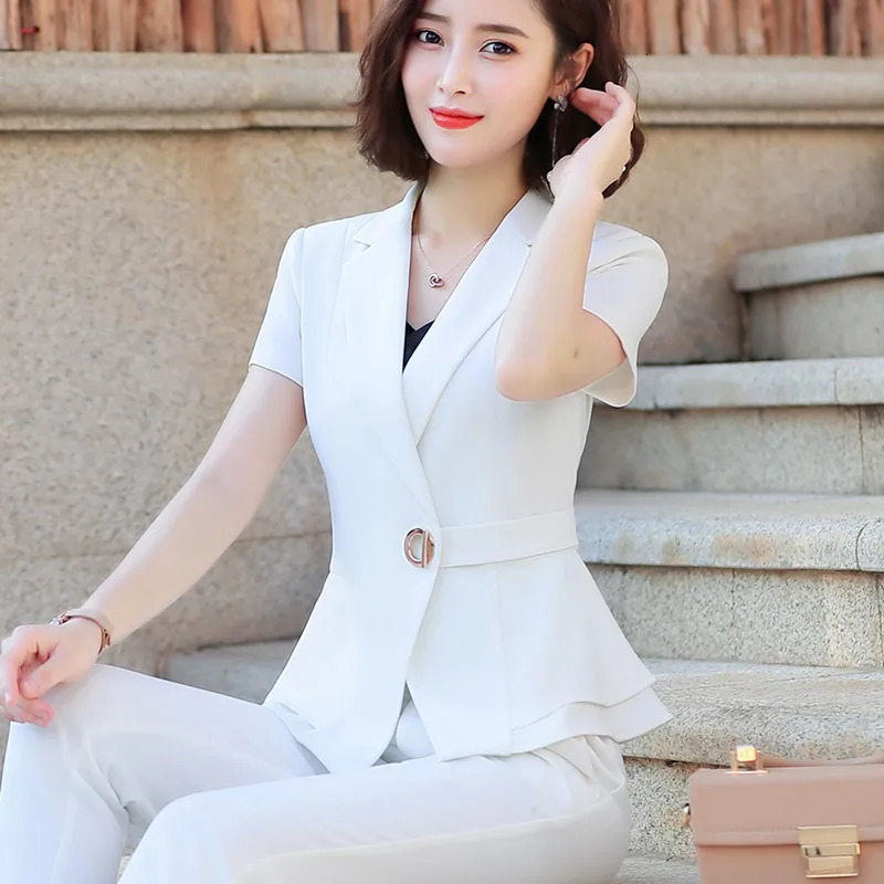 Naviu Women Pants Suit Summer Fashion Short Sleeve Slim Blazer and Trousers Business Temperament Office Lady Work Wear 250612