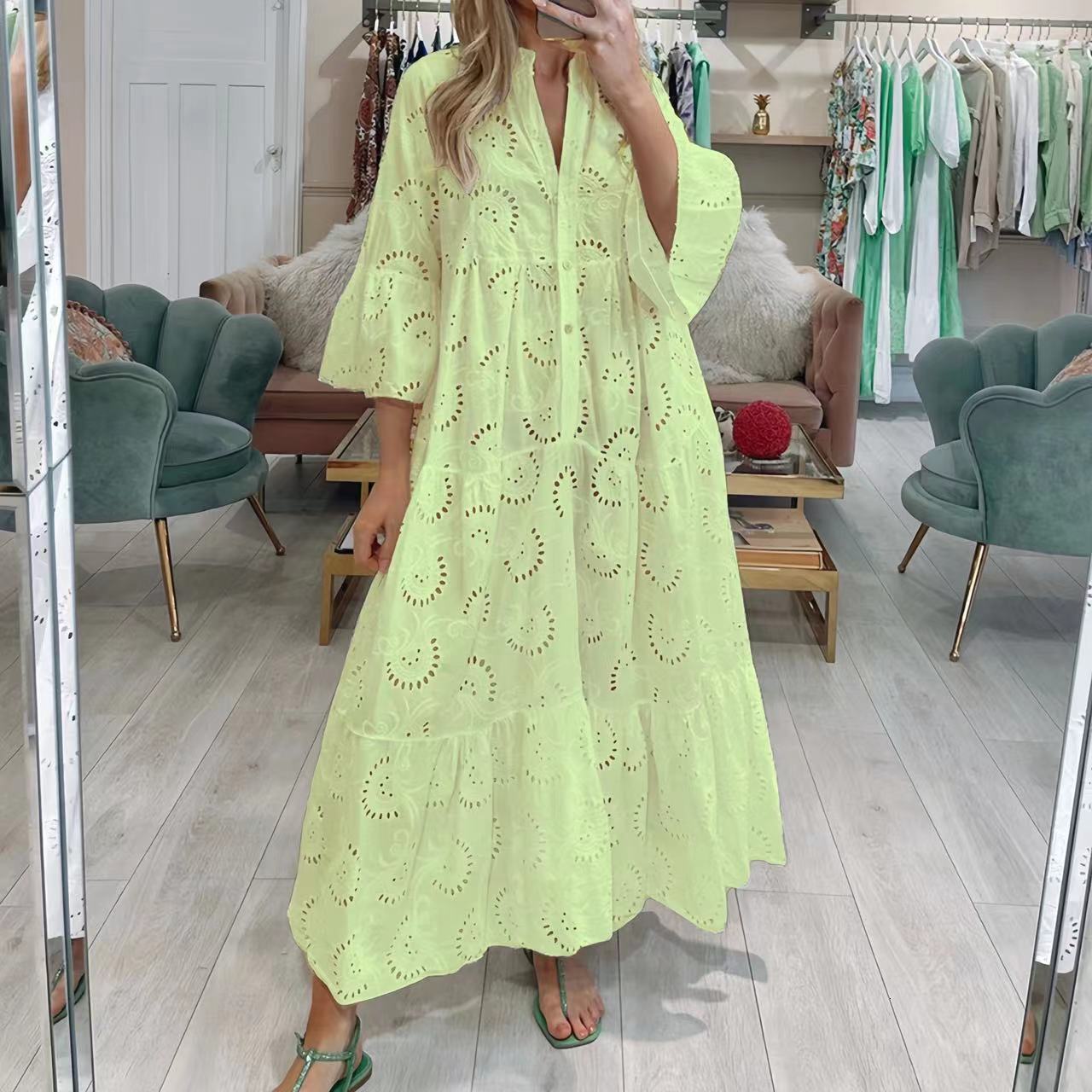 Women Dresses 2026 New Summer Autumn French V-neck Flare Sleeve Lace Hollow Solid Color Sexy Long Dress