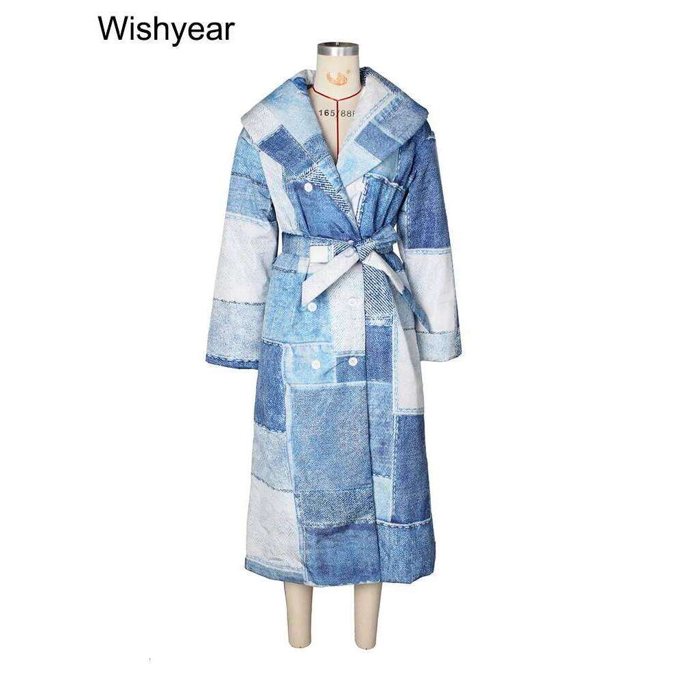 Elegant Cotton-Padded X-Long Coat Women Fashion Denim Patch Printed Large Lapel Lace-Up Jacket Streetwear Loose Thick Overcoat