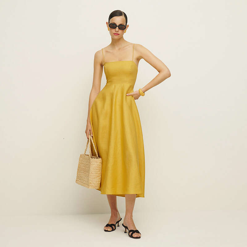 Undefined Dress Designer Womandress 796 Summer New 2025 Solid Color Square Neck Slim Fit Strap Midi Dress Linen Vacation Style Women