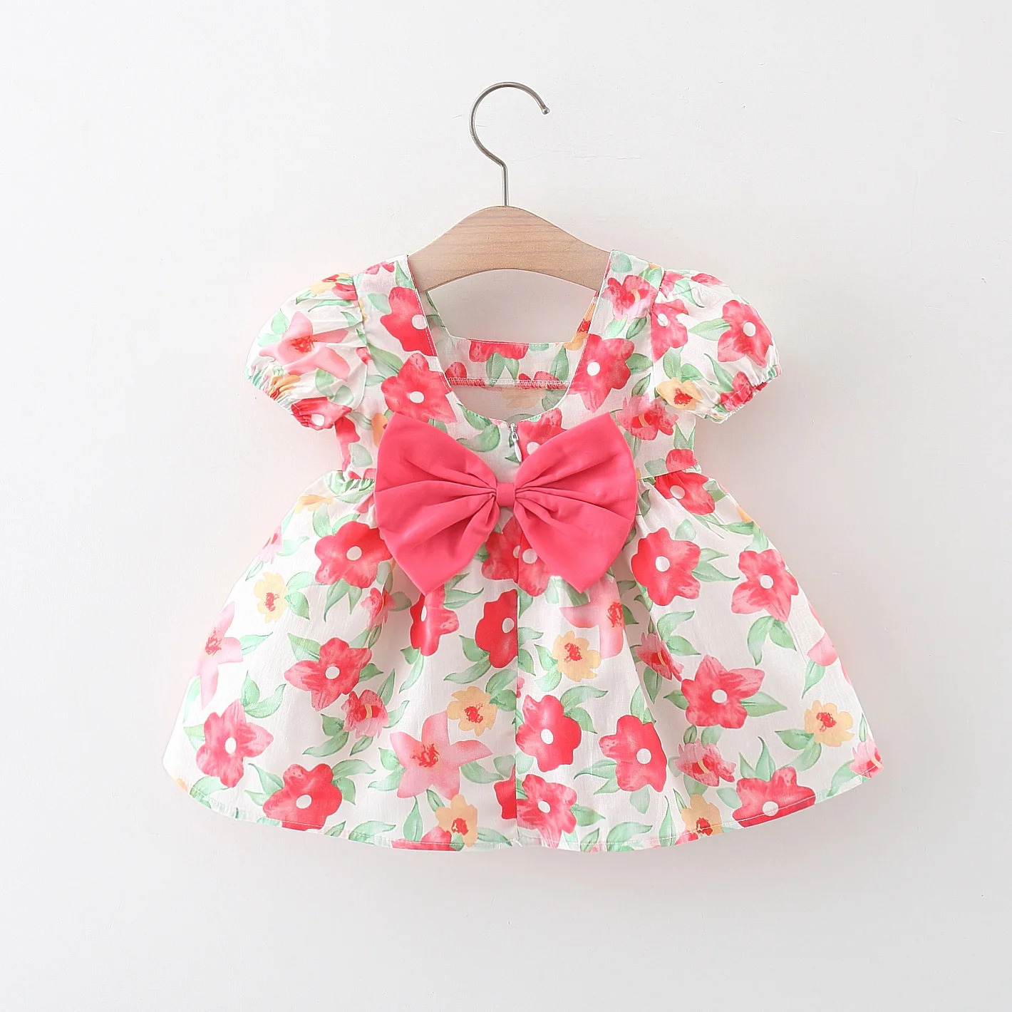 Baby Girl Summer Cotton Love Print Bow Small Square Neck Dress Girl Korean Fashion Bubble Sleeve Party Dress 250617