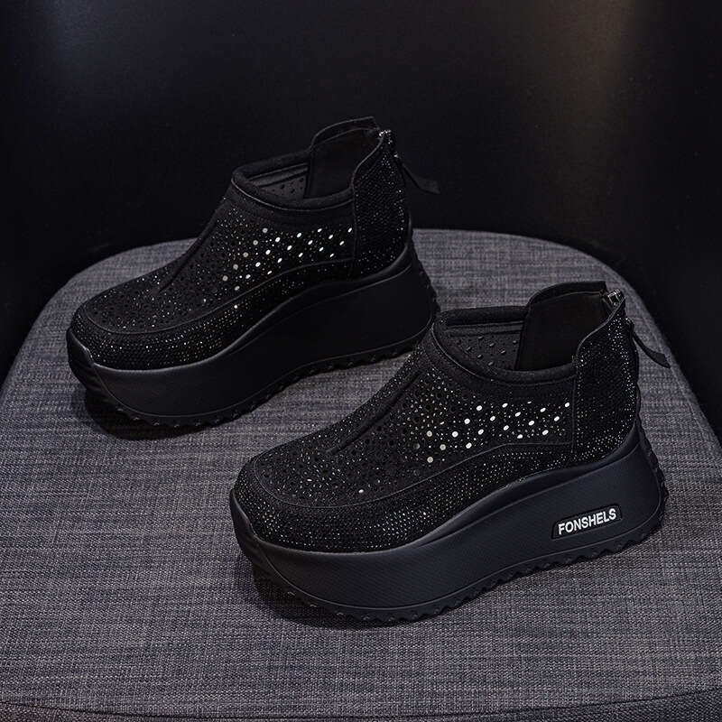 2025 Summer New Hollow Women's Sandals Round Toe Starry Sky Rhinestone New Casual Fashion Breathable Thick Sole Height Increasing Shoes