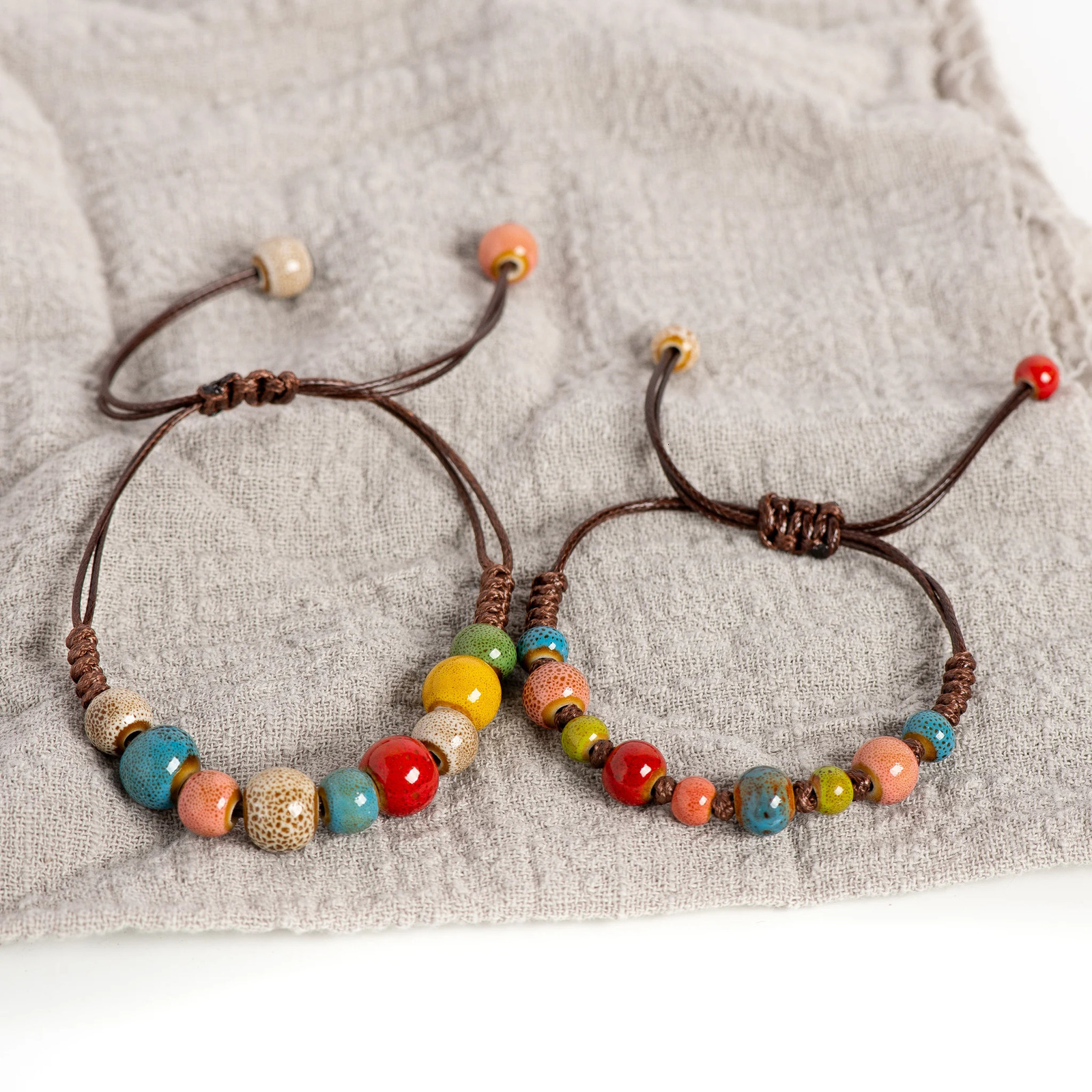 Bohemian Ceramic Bead Bracelet with Adjustable Cord 15-25cm for All Wrist Sizes 250616