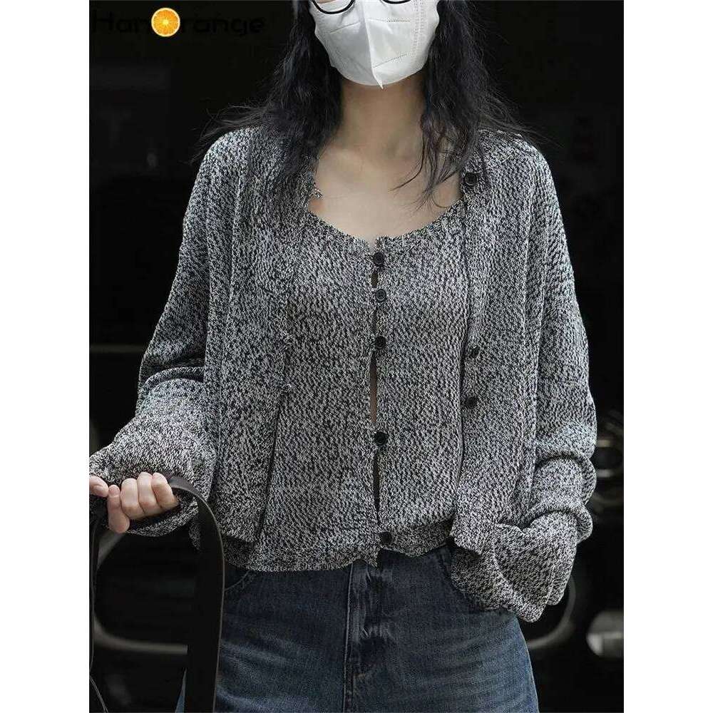 HanOrange 2024 Spring Lazy Mixed Color Two-piece Knit Sweater Set Women Loose O-neck Sleeveless Waistcoat + Cardigan Female