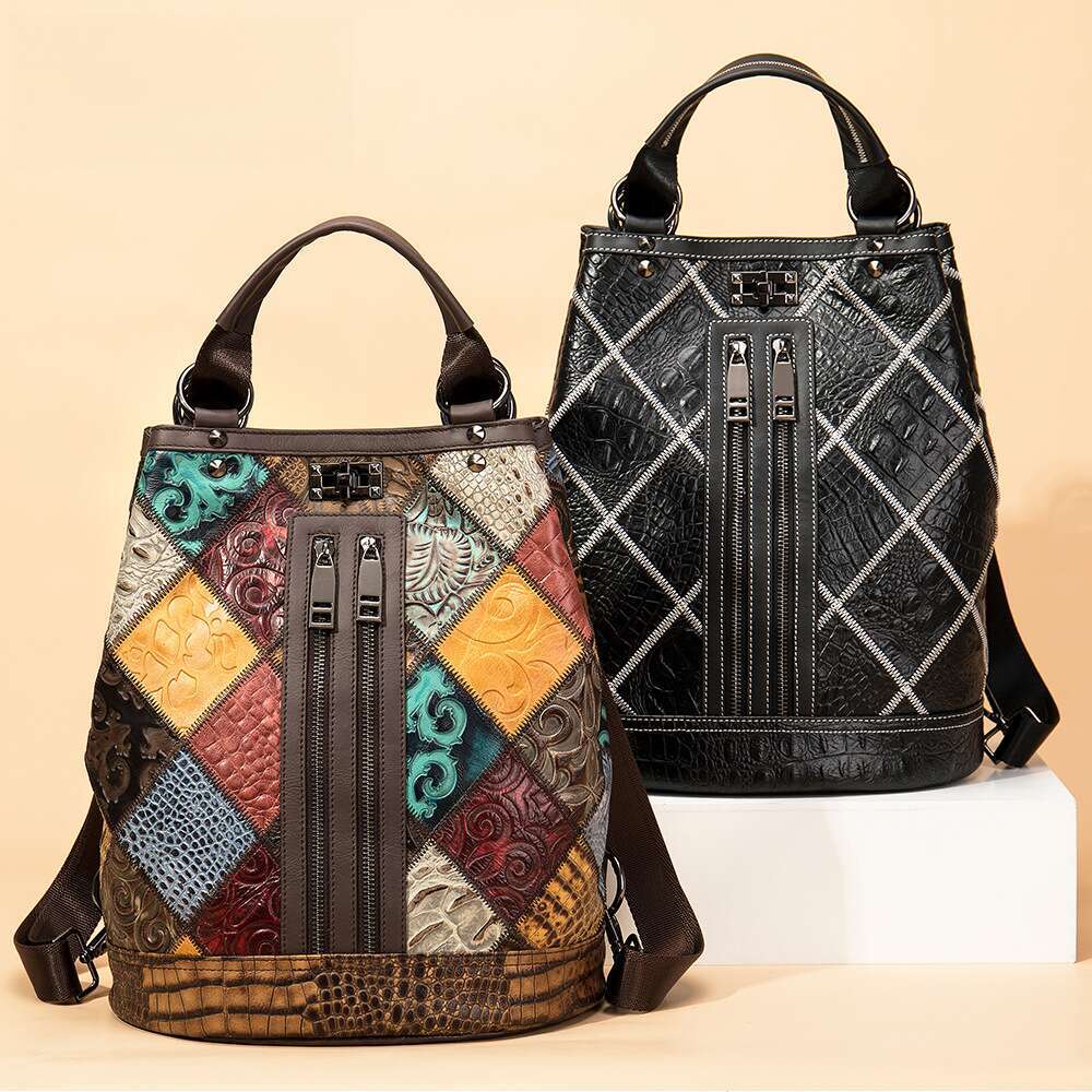 Bucket Bag Travel Backpack Ethnic Style Women's Genuine Leather Large Capacity Cowhide Patchwork Fashion and leisure